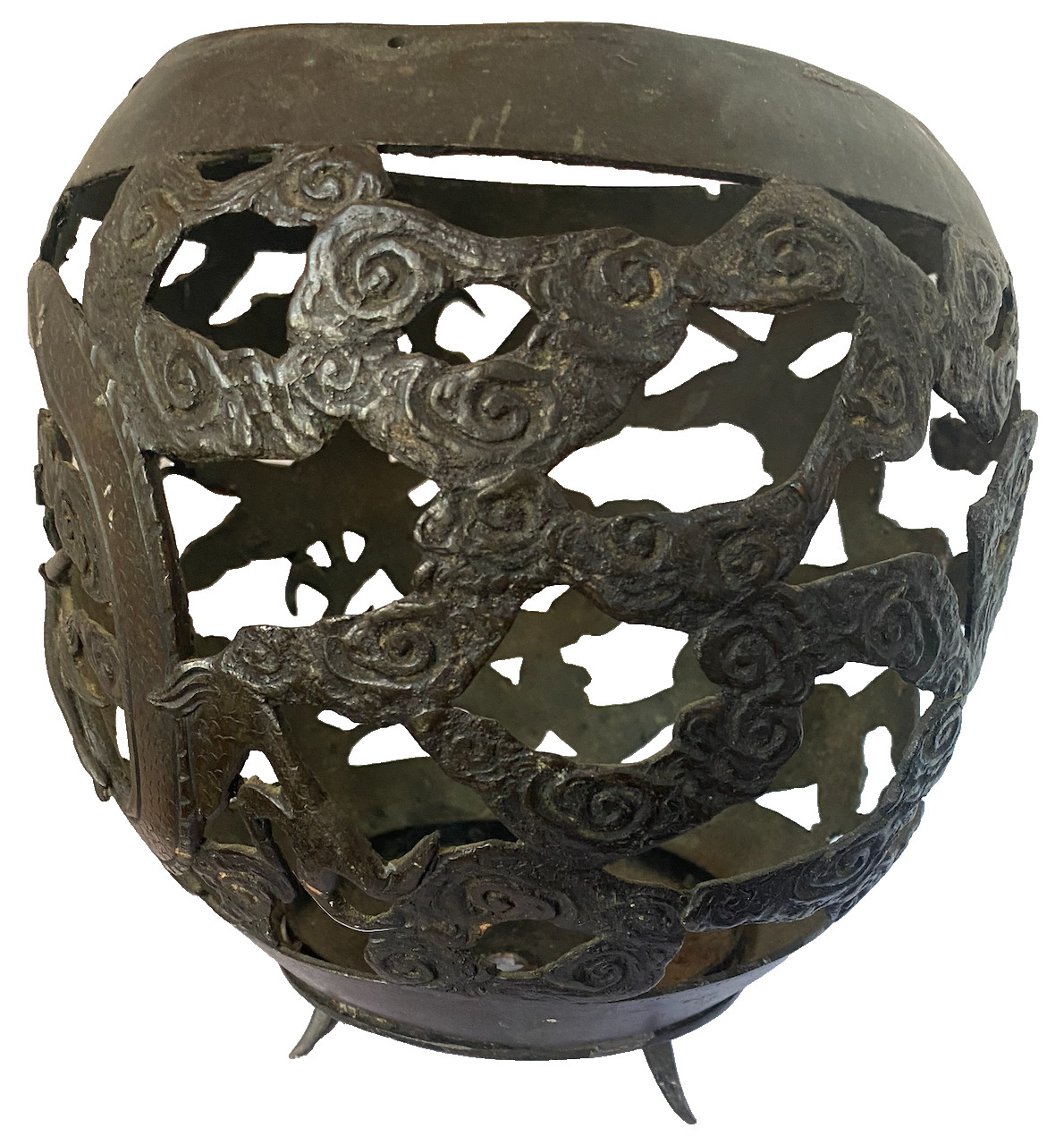 Antique Chinese Qing Dynasty Openwork Bronze with Dragon & Clouds 9” 4lbs c.1900