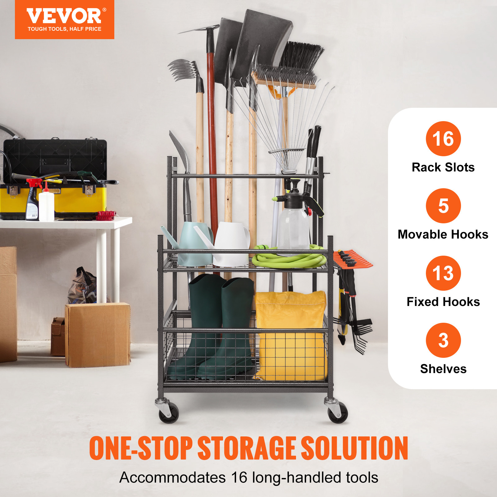 VEVOR Garden Tool Storage Rack with Wheels Garage Organizer 16 Slots with Hooks