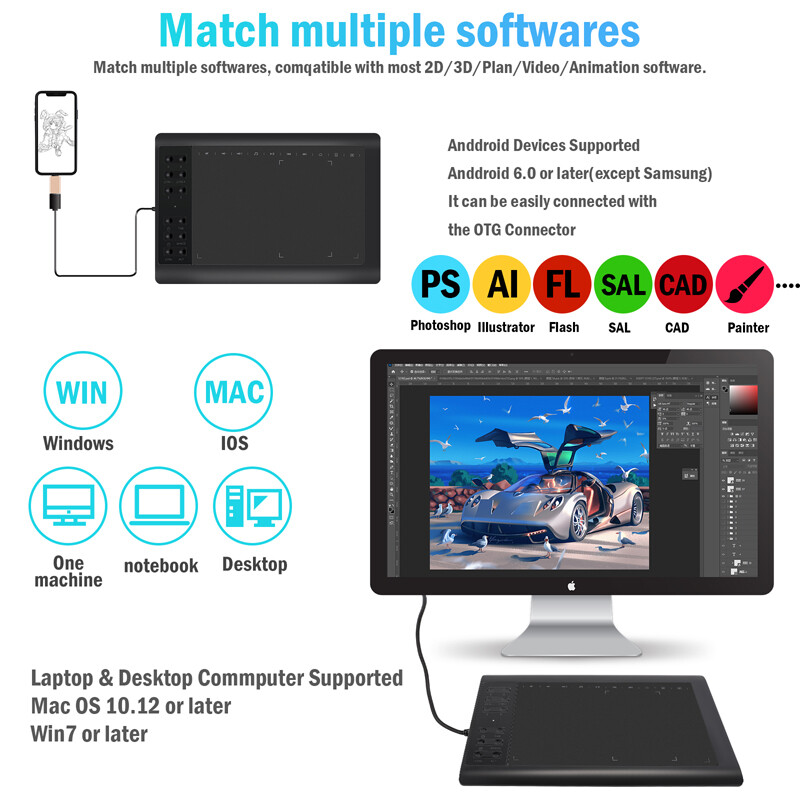 Digital Graphic Drawing Tablet w/ Battery-free Pen for Mac, Windows PC & Android