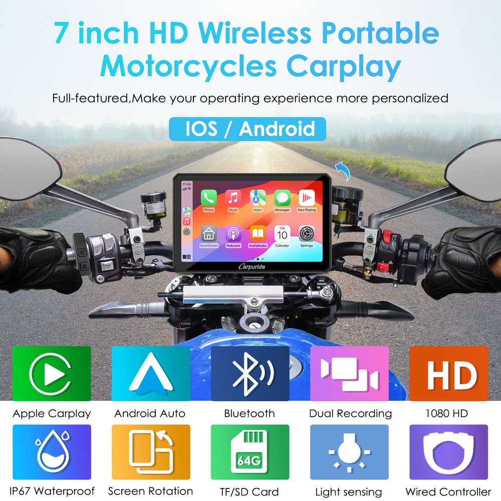 Carpuride W712D Wireless Moto Stereo Carplay Android Auto Waterproof Touchscreen