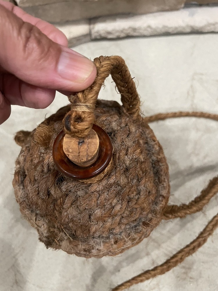 VINTAGE WRAPPED EMPTY WINE amber GLASS BOTTLE String cork