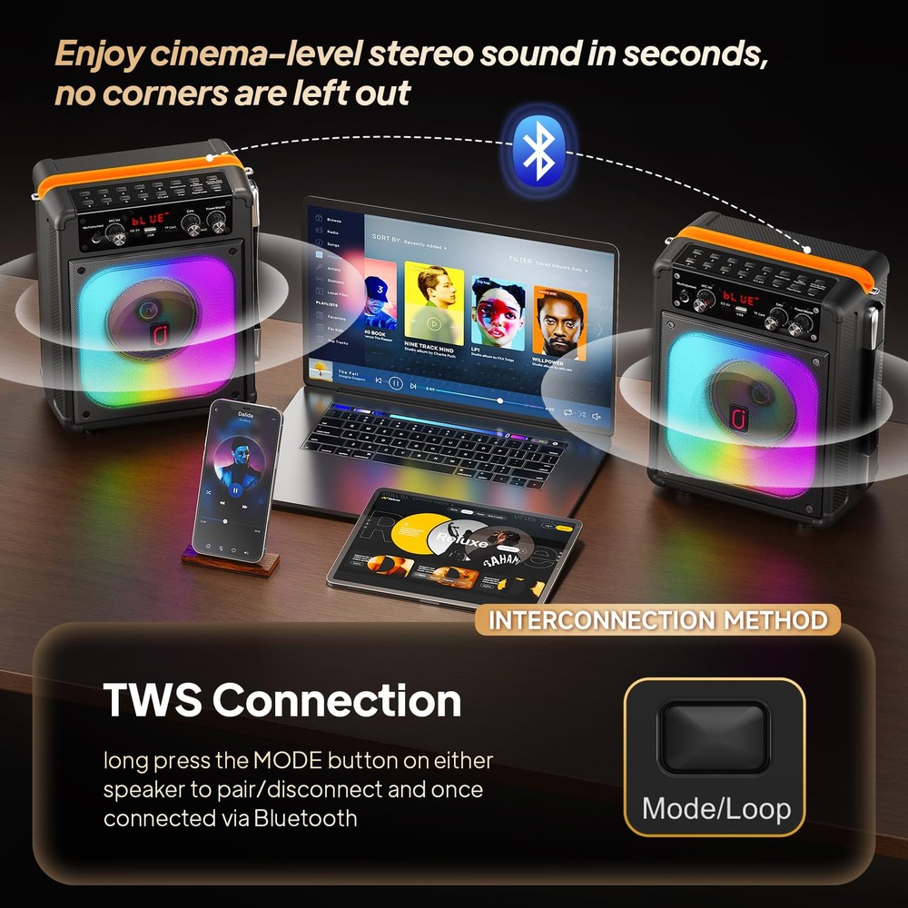 Karaoke Machine, Portable Bluetooth Speaker with 2 Wireless Microphones for A...
