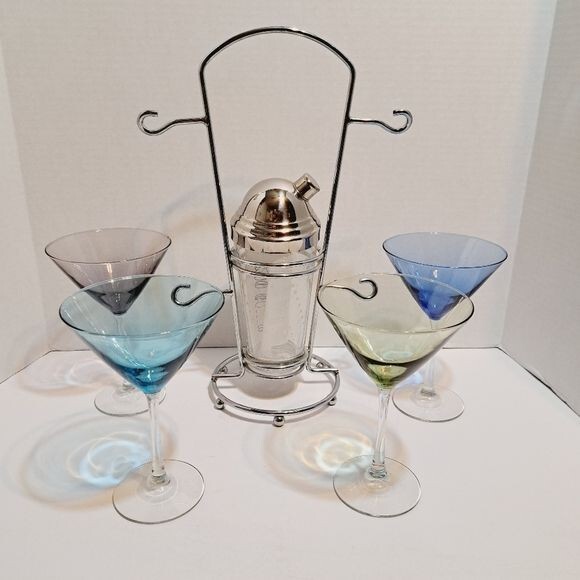 Hampton Forge Colored Glass Martini Bar Set Complete New