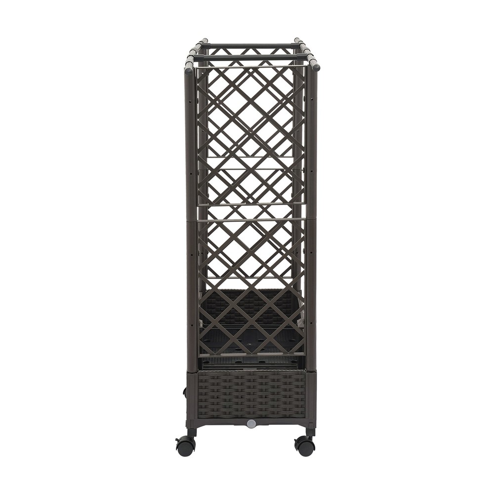 Grid-patterned Flower Box PP Planter Garden Box Brown Floor Standing with Wheels