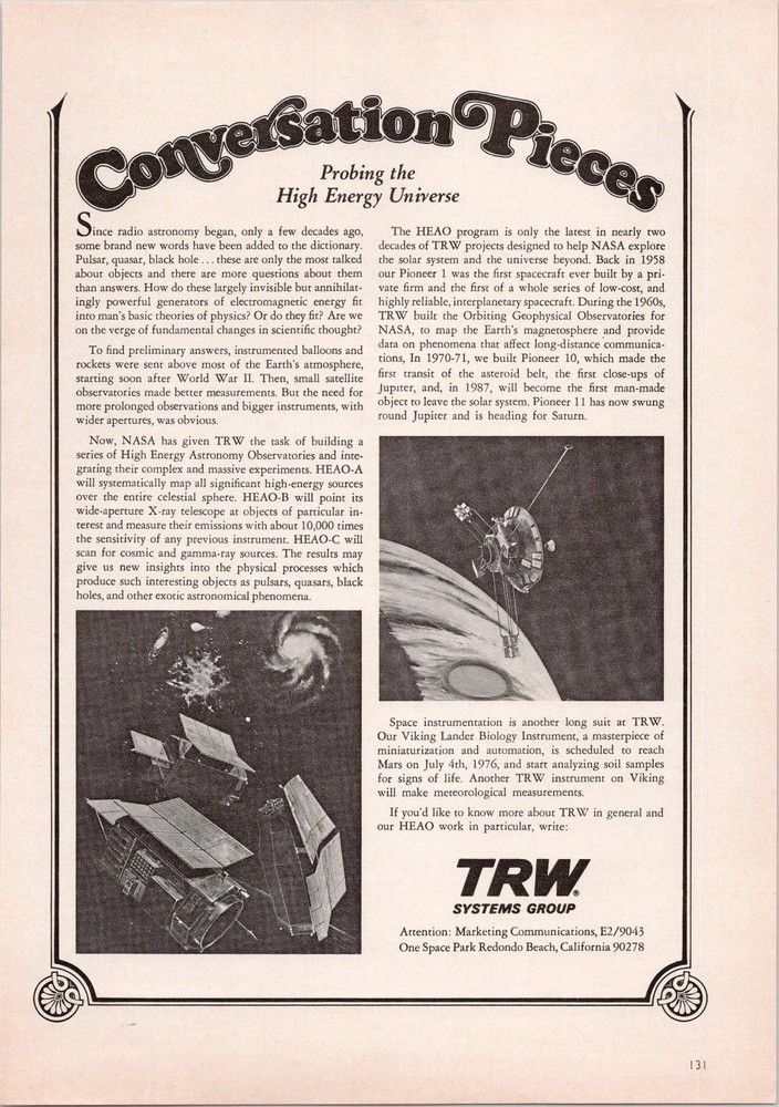 TRW Systems Group 1974 Vintage Print Ad Conversation Pieces Space Tech