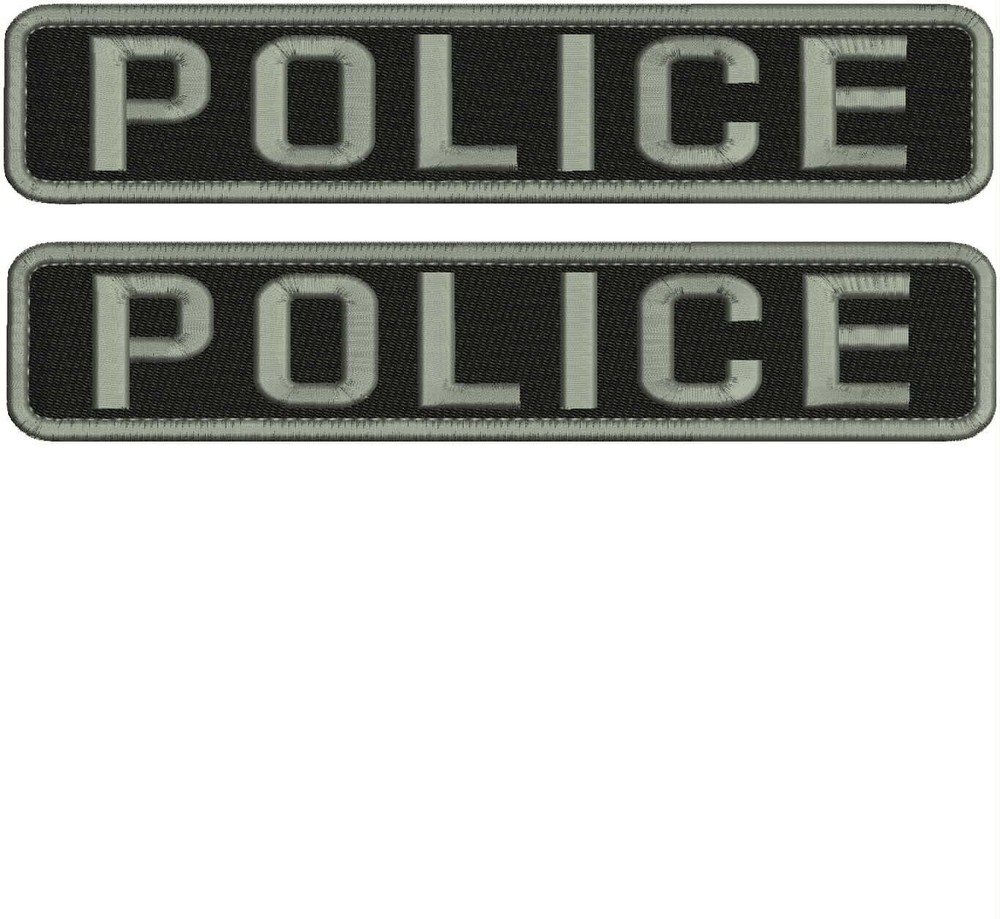 POLICE EMBROIDERY PATCH 2X11 HOOK ON BACK GRAY ON BLACK 2 PATCHES SET