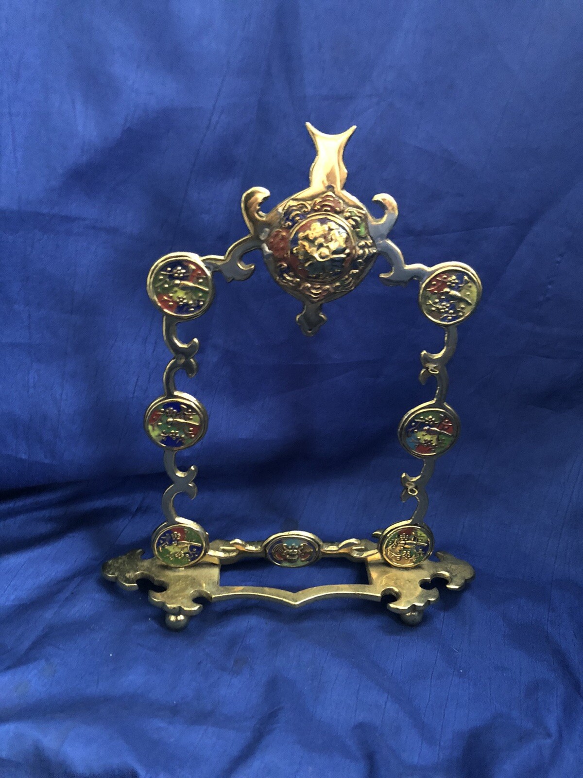 Vintage Antique Chinese Cloisonné Brass Gong Temple Bell Frame (No Bell) Symbols