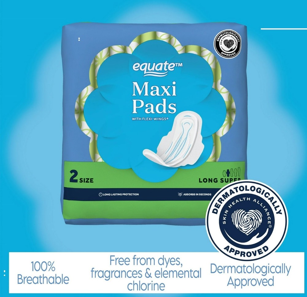 Equate Maxi Pads with Wings, Size 2, Long Super Absorbency (42 Count)