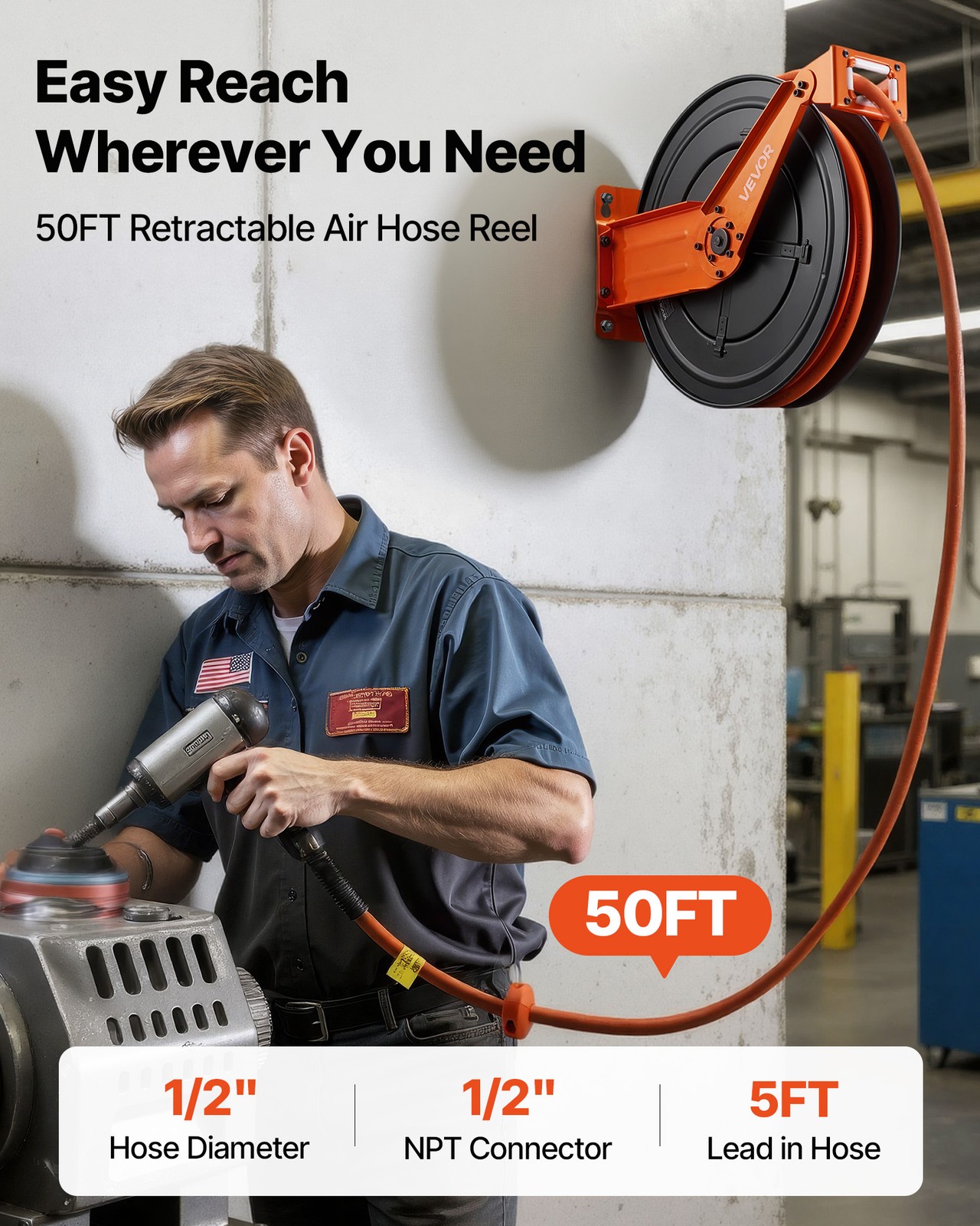 VEVOR Retractable Air Hose Reel 50 FT x 1/2 Inch Air Hose Reel with Double Arm