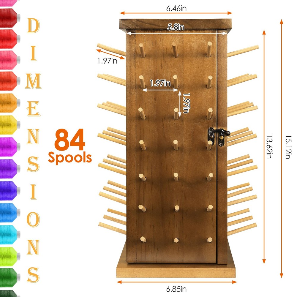Acacia Wood 84 Spools Thread Rack/Thread Holder Organizer with Inner Storage