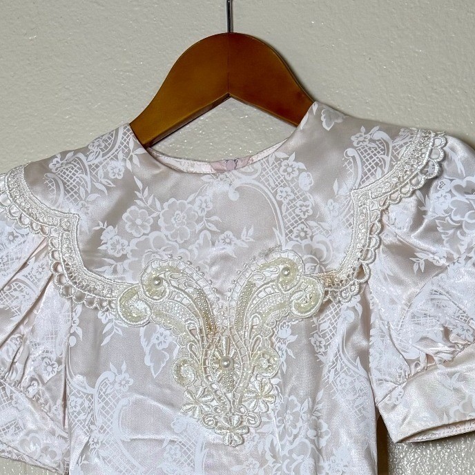 Vintage Gunne Sax Girls Dress 6 Champagne Lace Pearl Damask Victorian Formal USA
