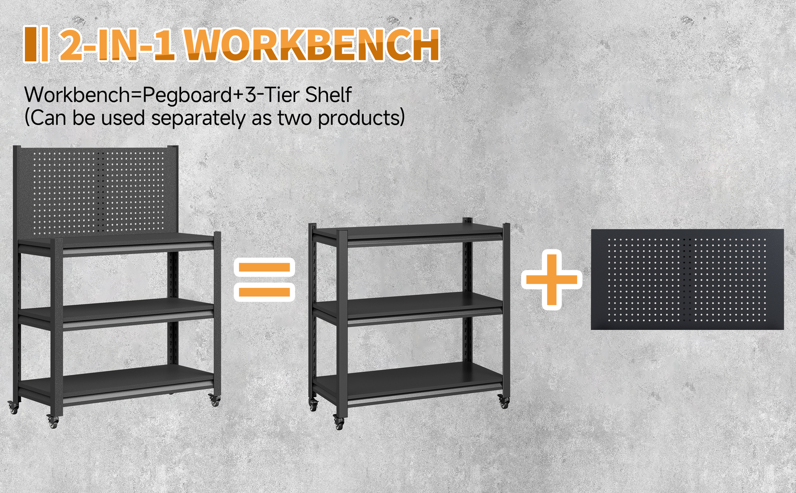 Garage Workbench Tool Storage Shelves w/Pegboard Metal Work Bench With 4 Wheels