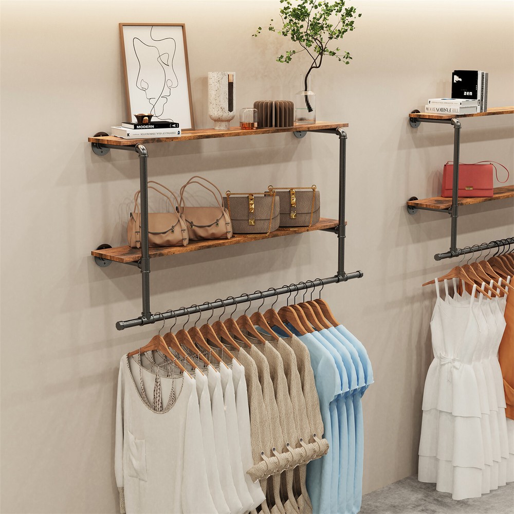 Saving Space Clothes Display Rack Wall-mounted with Hanging Rod for Laundry Room