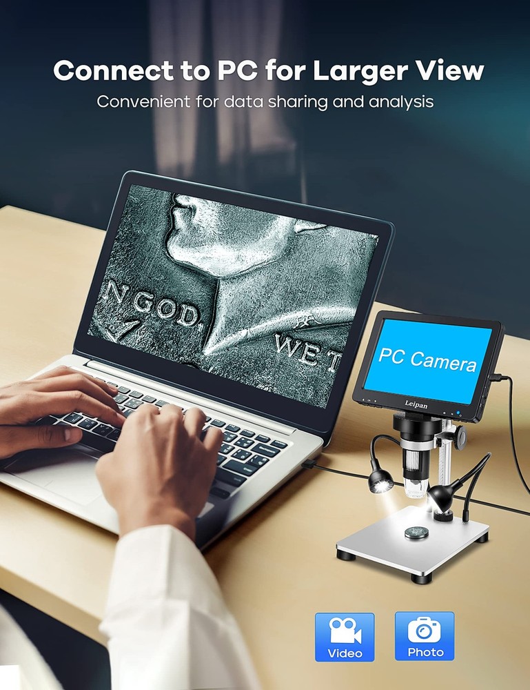 7" LCD Digital Microscope 1200X,Leipan 12MP DM9-7" Microscope, Black