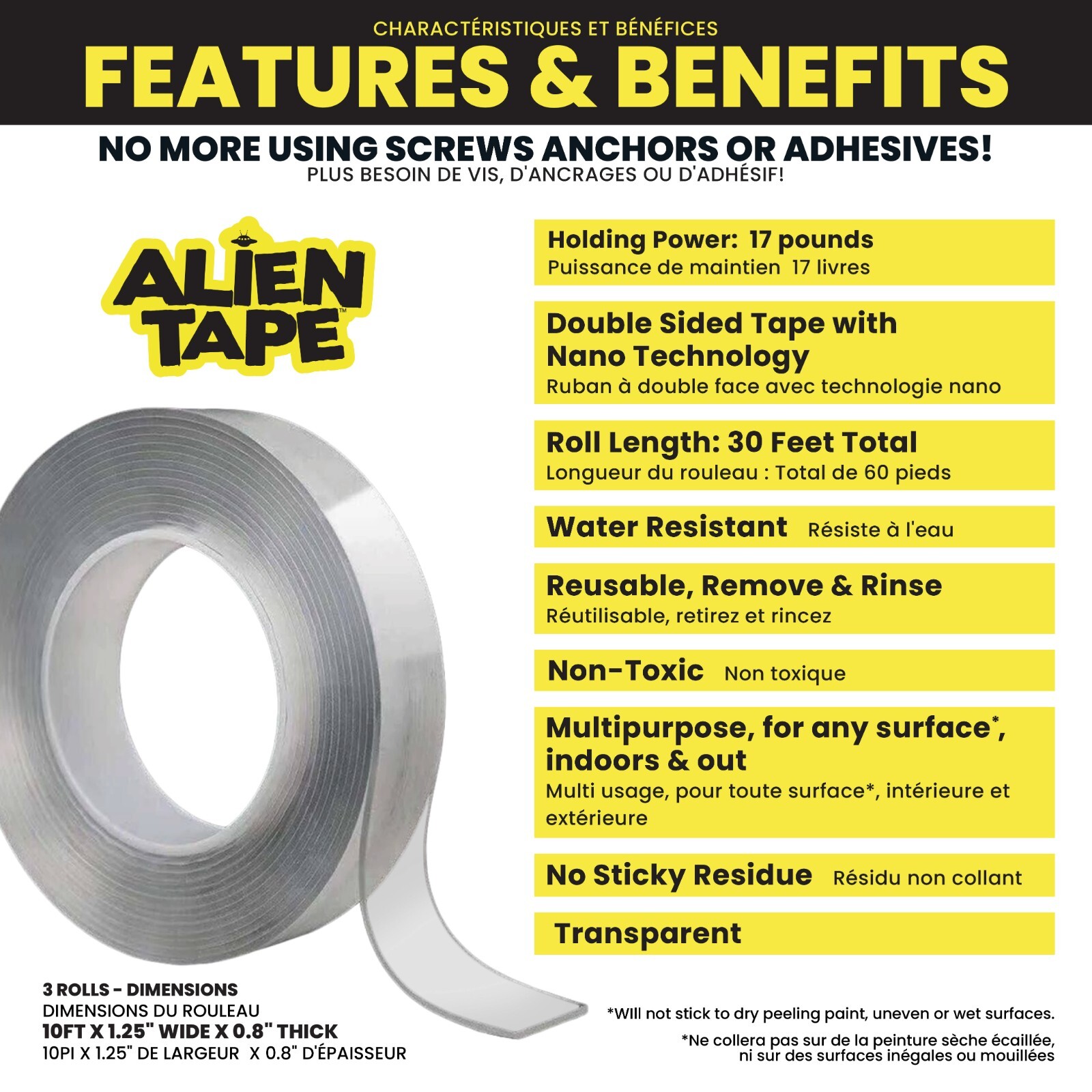 Alien Tape Double Sided Multipurpose Adhesive Grip Mounting Tape - 3 Pack