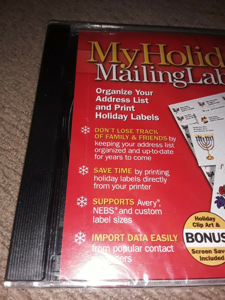 My Holiday Mailing Labels Software CD New Sealed Mysoftware 2001