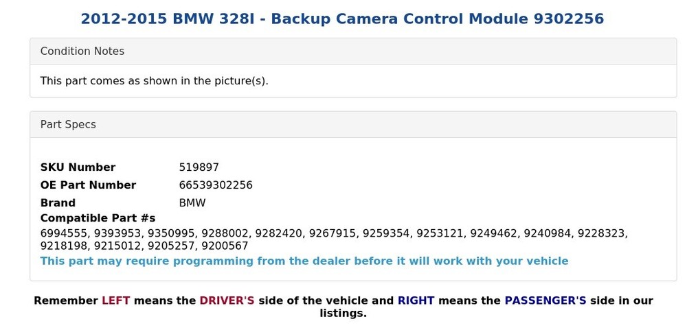 2012-2015 BMW 328I - Backup Camera Control Module 9302256