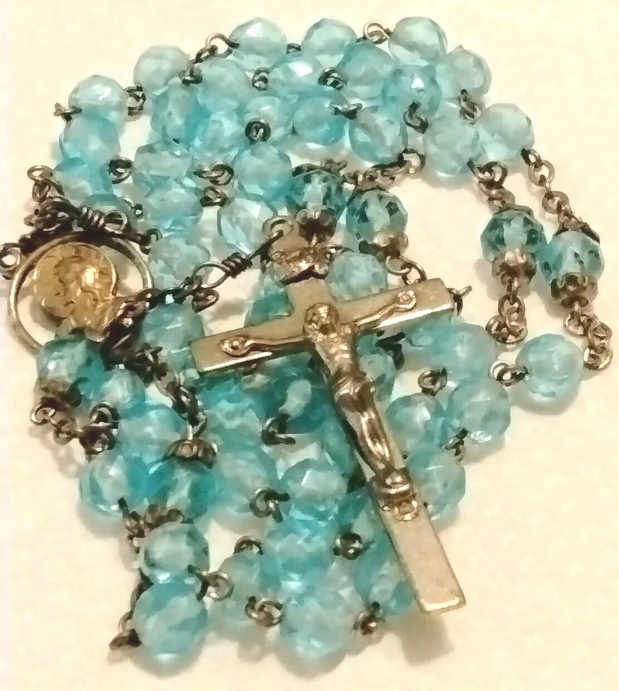Antique Sea Blue Rosary Sacred Heart Of Jesus 1930's Original