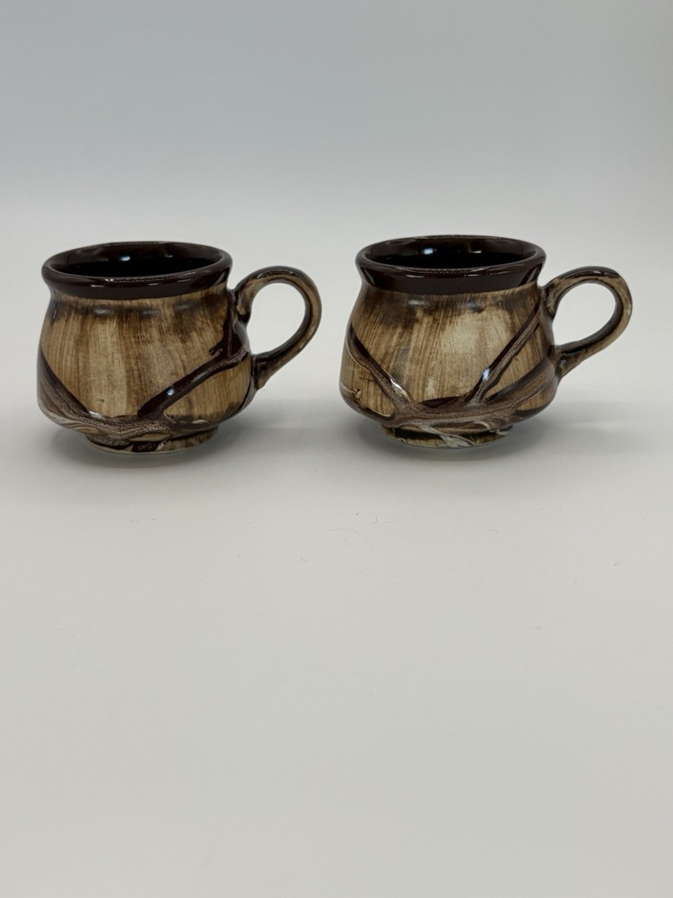 Drip Glazed Mugs Brown And Cream Signed