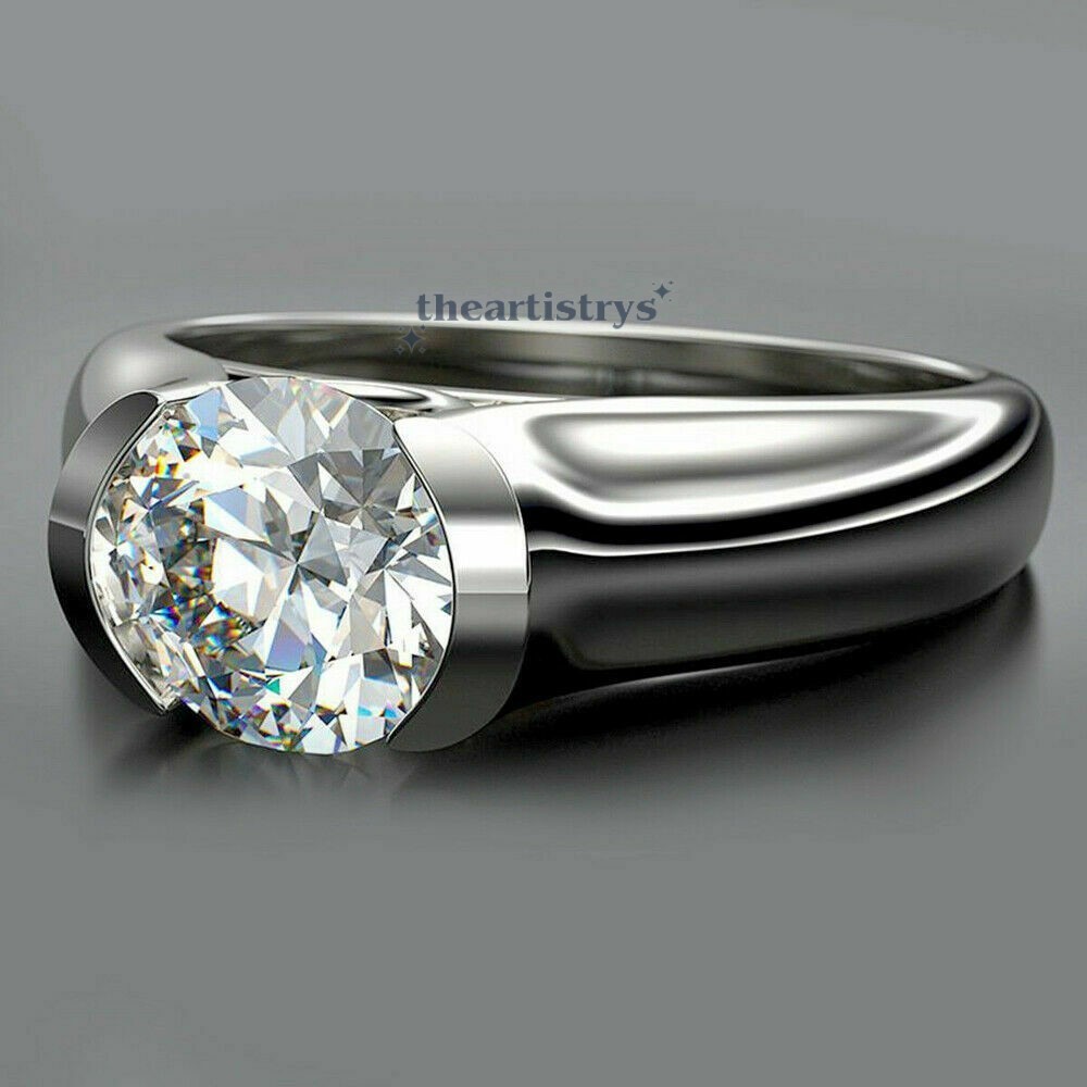 Solid 14K White Gold Moissanite Men's Wedding Ring Excellent Round Cut VVS1 2 CT