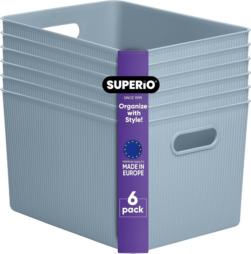 Superio 22 Liter Large Ribbed Storage Bin, Plastic Baskets  (6 Pack, Stone Blue)