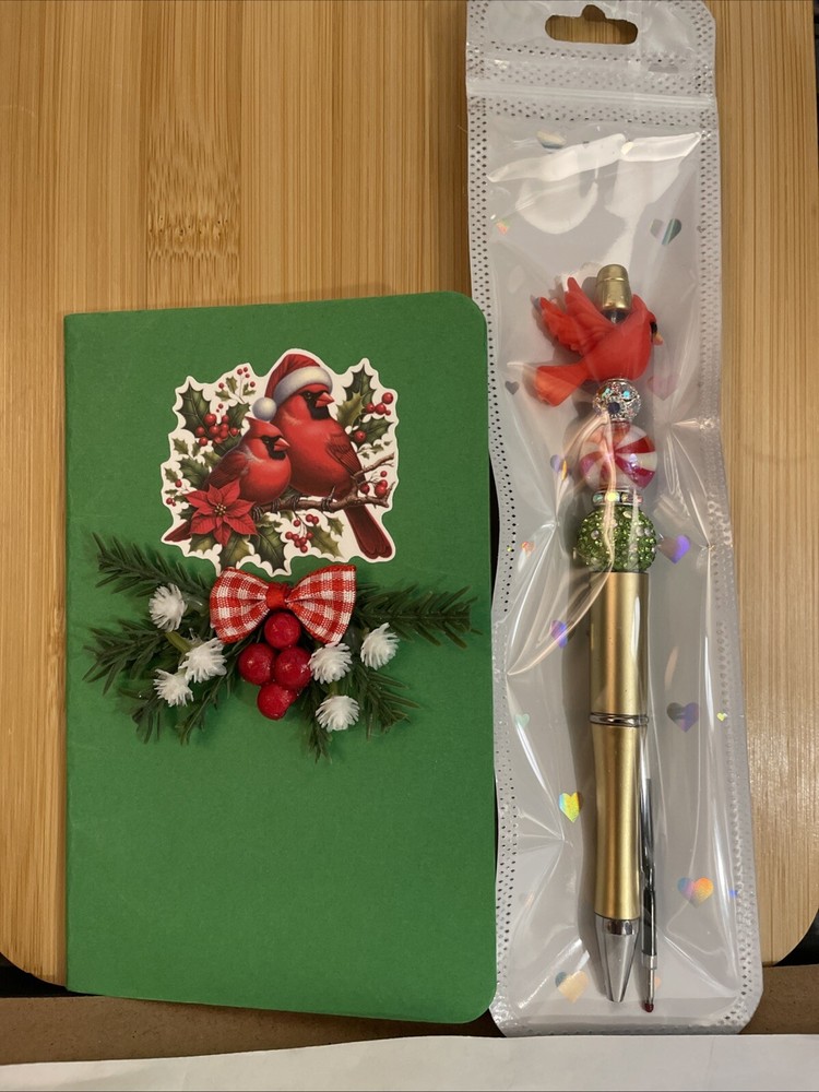 HANDCRAFTED RED BIRD BEADED PEN & NOTE PAD SET