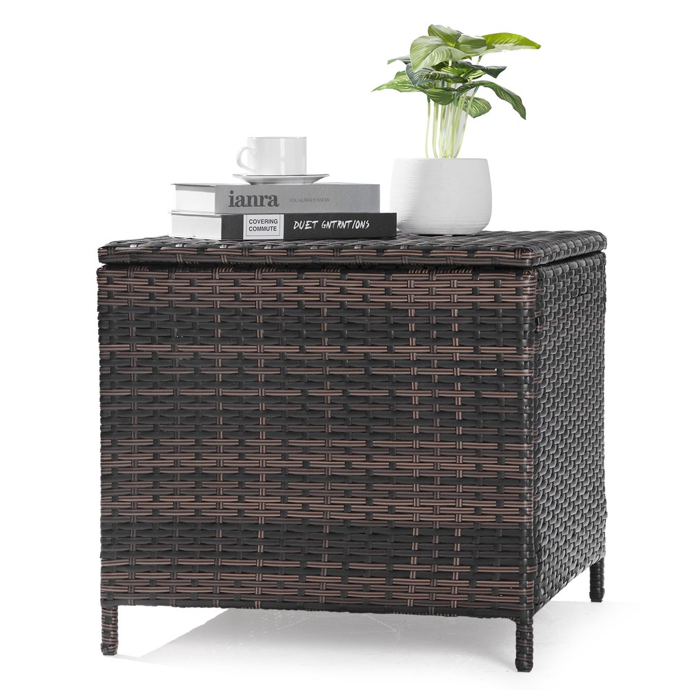PE Wicker Side Table with Storage,Patio Rattan End Table Square Container