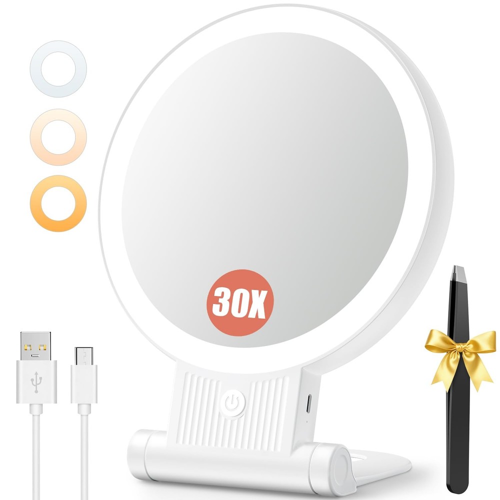 1X/30X Lighted Magnifying Mirror, Double-Sided with 3 Color Adjustable Light