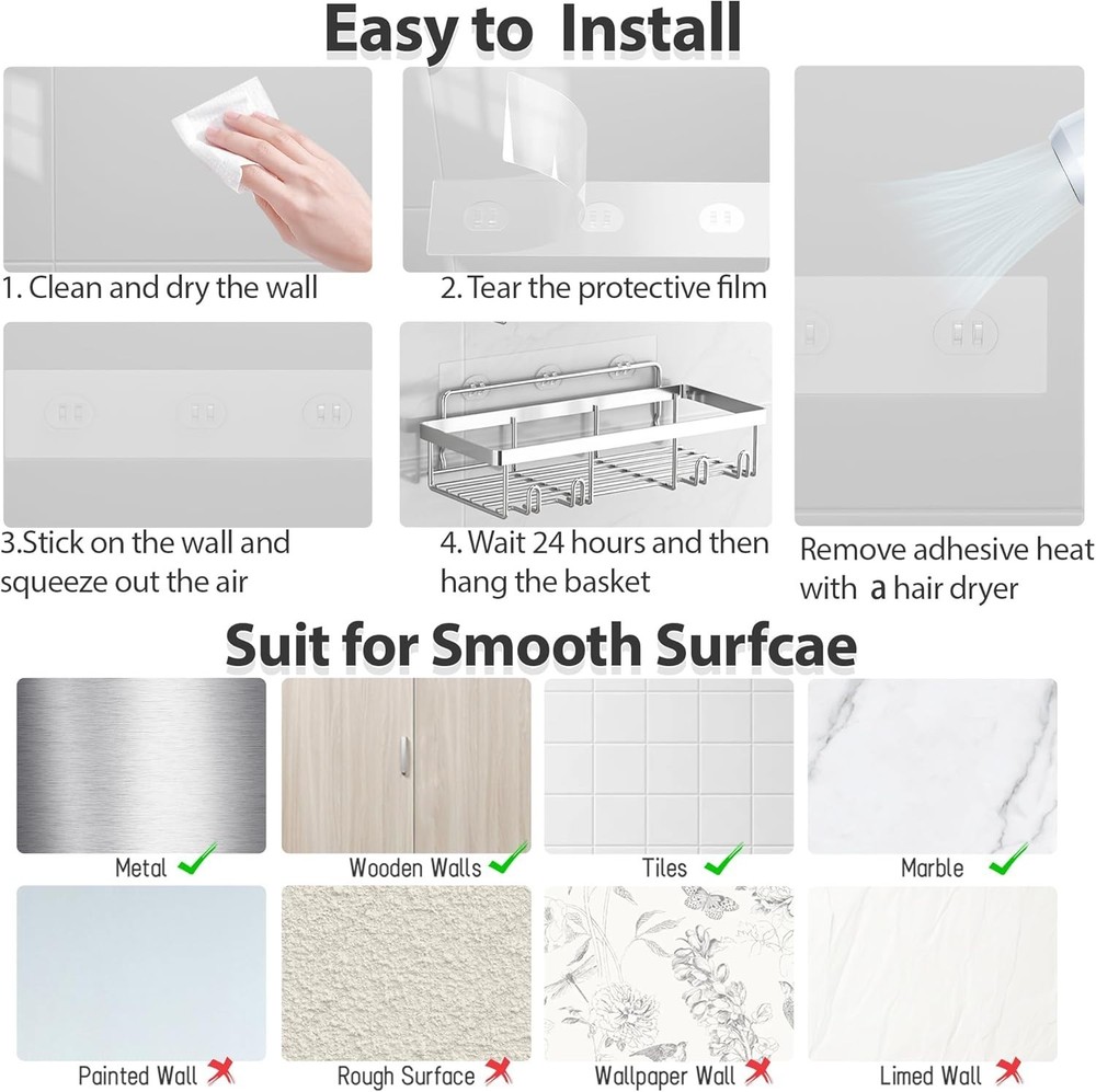 Rustproof 5-Piece Shower Caddy Set – Easy Adhesive Installation & Large Capacity