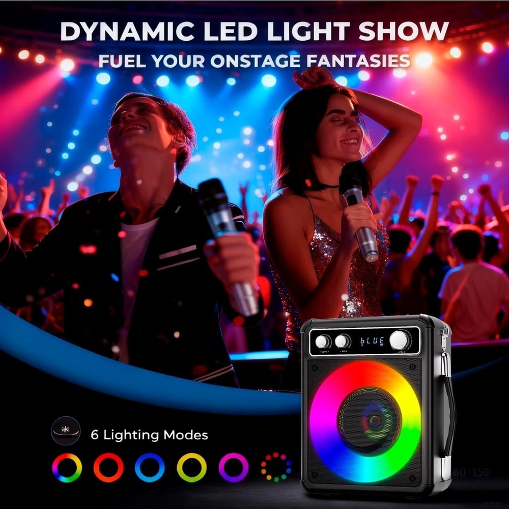 Karaoke Machine, Portable Bluetooth Karaoke Speaker with 2 Wireless Microphones,
