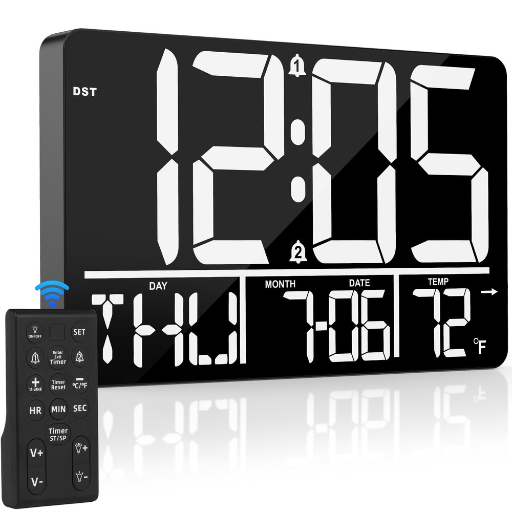 PERSUPER 13" Digital Wall Clock Large Display with Remote, 25 Ringtones, Temp...