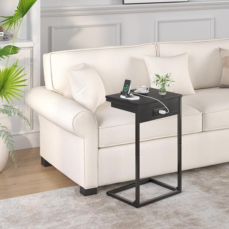 C Shaped Side Table Set W/ Charging Station Adjustable Flip Top Small Spaces New