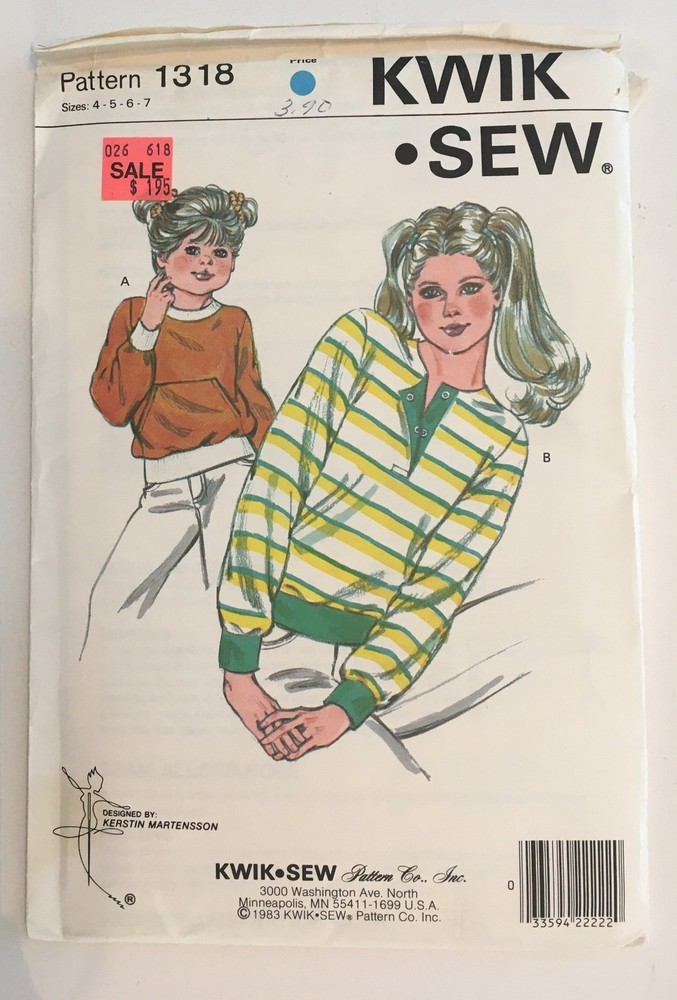 Kwik Sew Sewing Pattern 1318 Child sz 4-5-6-7, Pullover Shirts, patch pocket