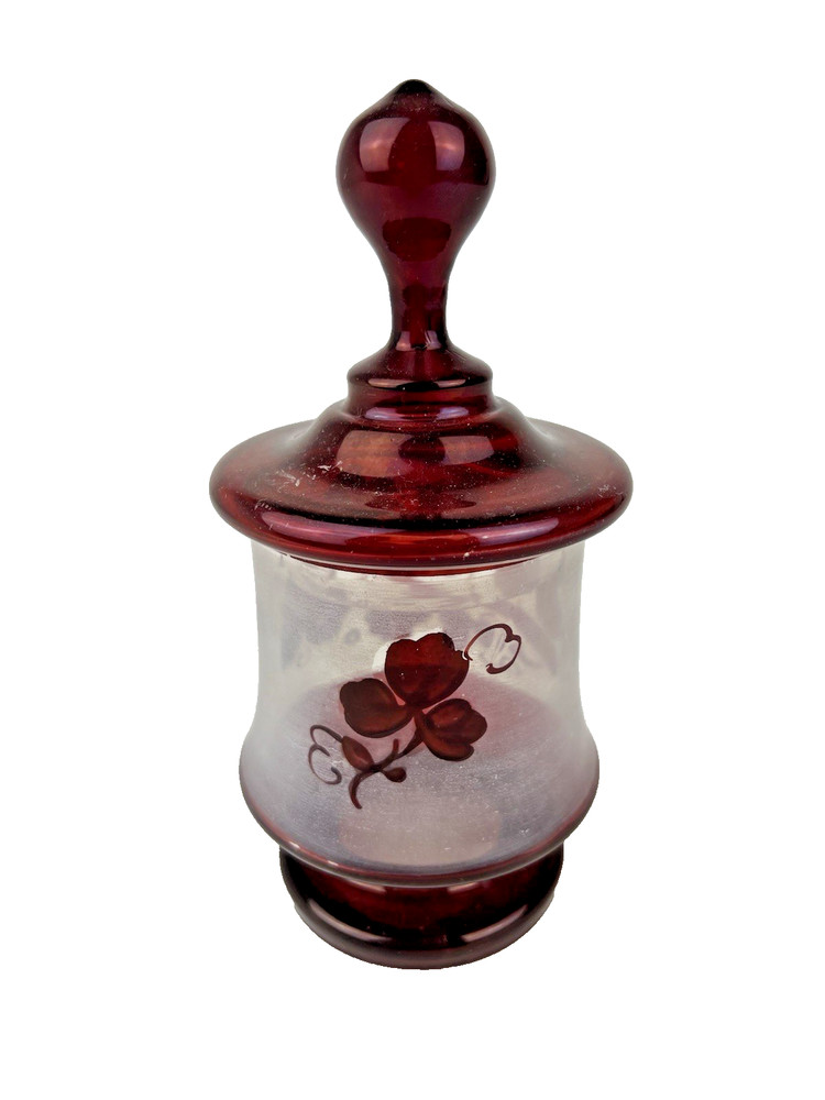 Vintage Bohemian Ruby Red Covered Candy Dish Floral Leaf Pattern 7"