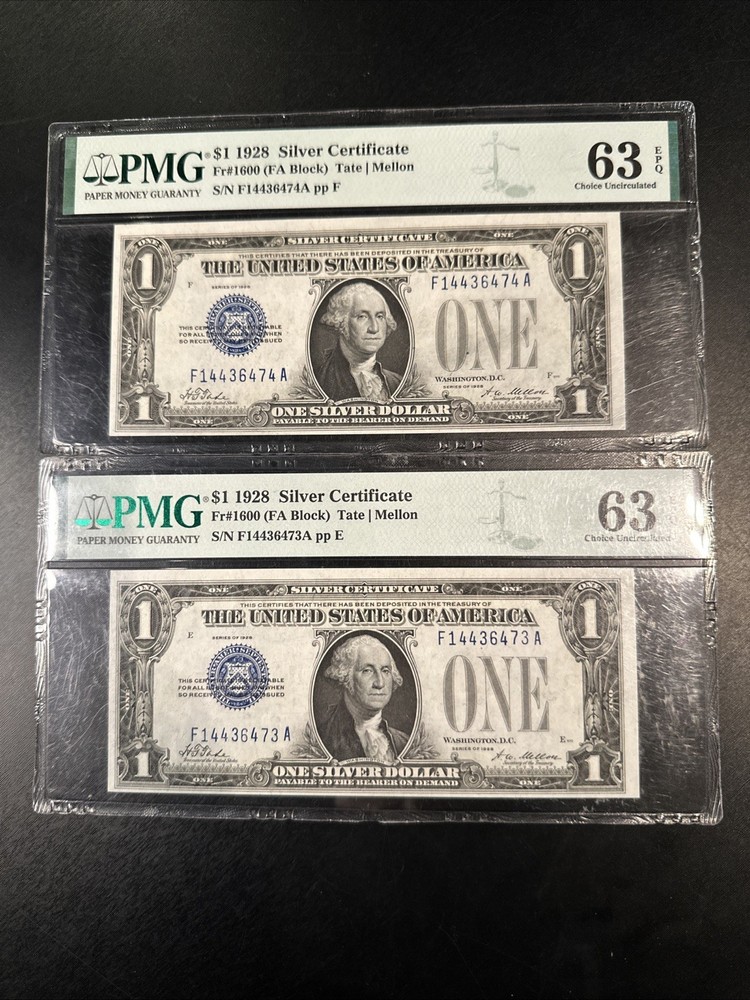 (2) 1928 $1 CONSECUTIVE Silver Certificate 63 EPQ PMG CHOICE UNCIRCULATED
