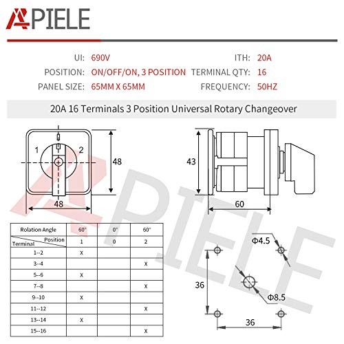 Changeover Selector Switch 3 Position 440V Universal Rotary 20A 16 Terminal