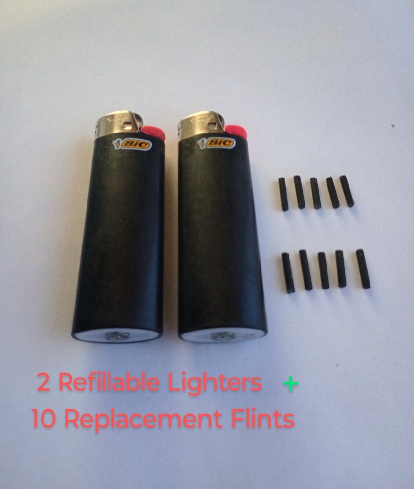 2x Refillable Bic Lighters - Black - w/ 10 additional replacement flints