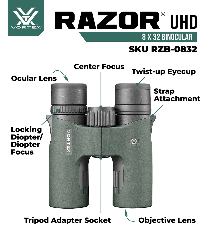 Vortex Optics Razor UHD 8x32 Binoculars RZB-0832 w/ Free Camo Digital Hat Bundle