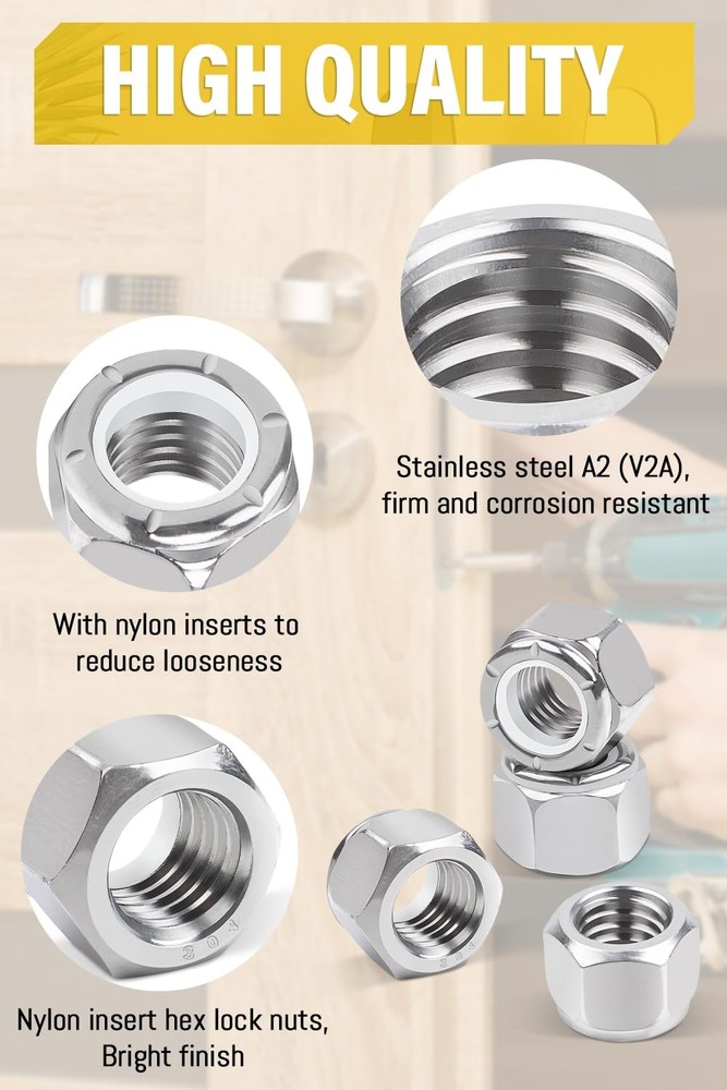 Caianwin 100Pcs #10-24 Nylon Insert Hex Lock Nuts A2 304 #10-24, Silver