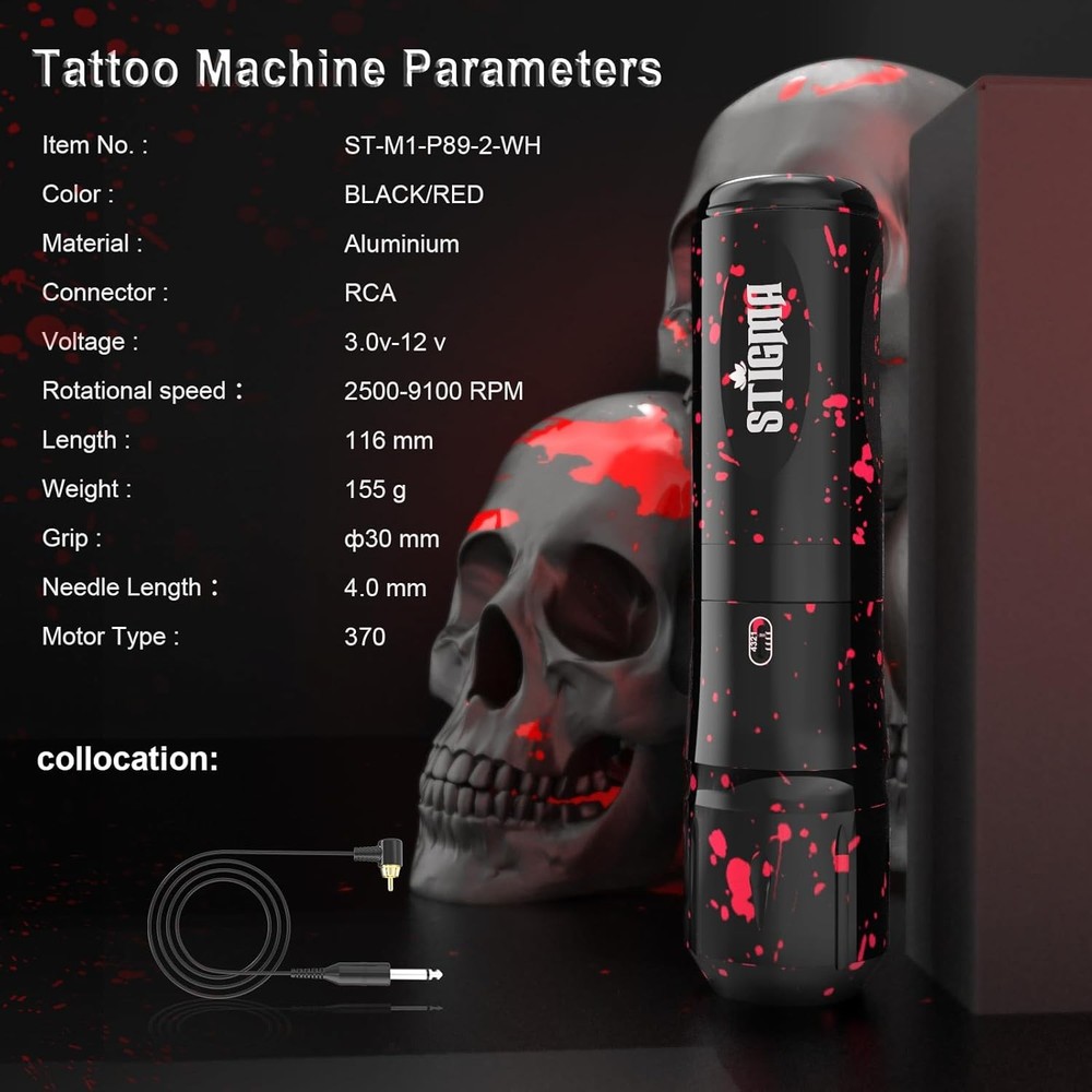 STIGMA Cordless Tattoo Gun Kit - Complete with Pro Machine Pen, Black