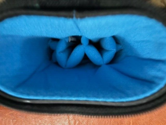 TNT 3x5 Green Nylon Pool Cue Case. Blue interior. Back Pack Straps.