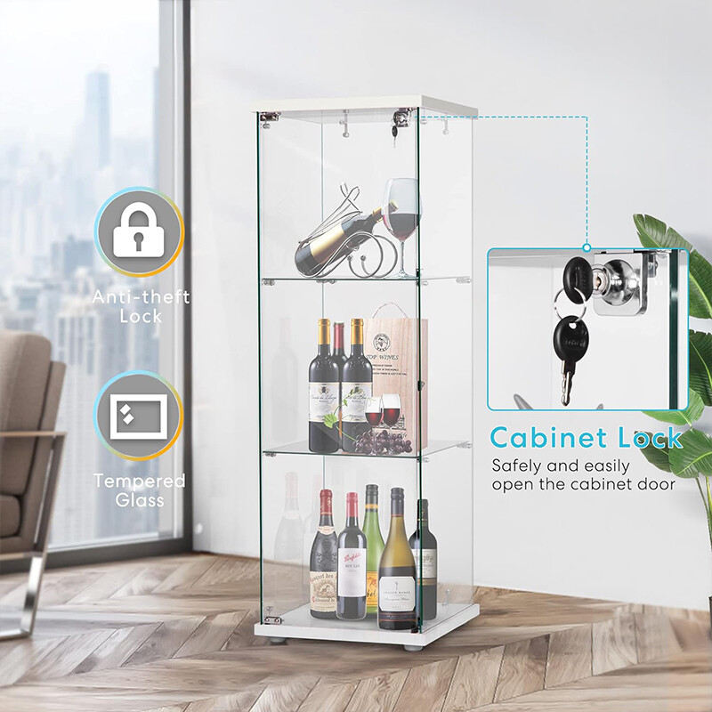 3/4-Shelf Glass Display Cabinet Glass Curio Cabinet Trophy Case Bookshelf & Lock