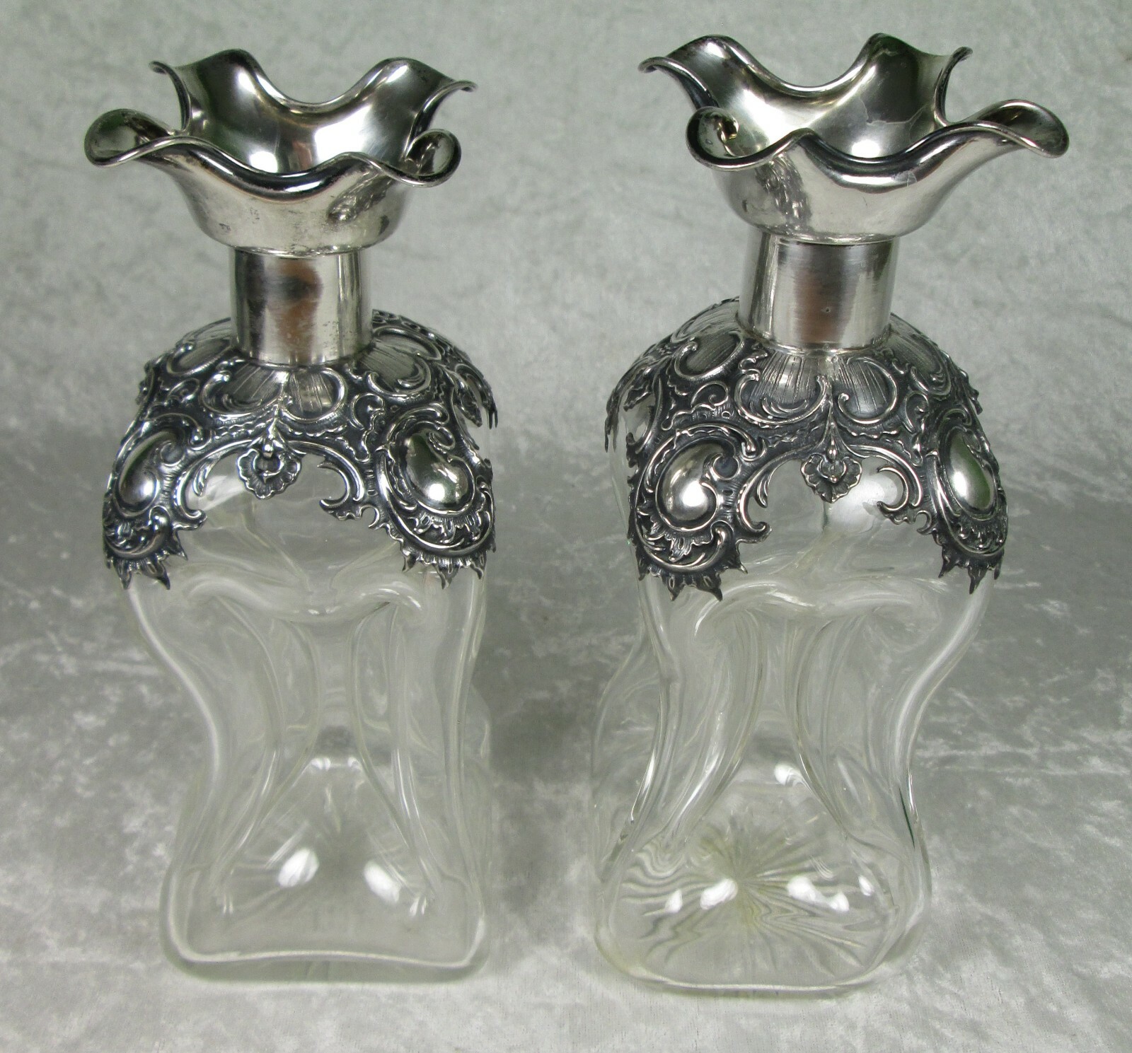 Wilhelm Binder Art Nouveau Decanters 800 Silver Overlay Pinched Glass Antique