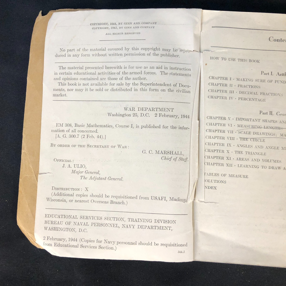 1944 War Department Basic Mathematics Course 1 EM 308 US Army Armed Forces