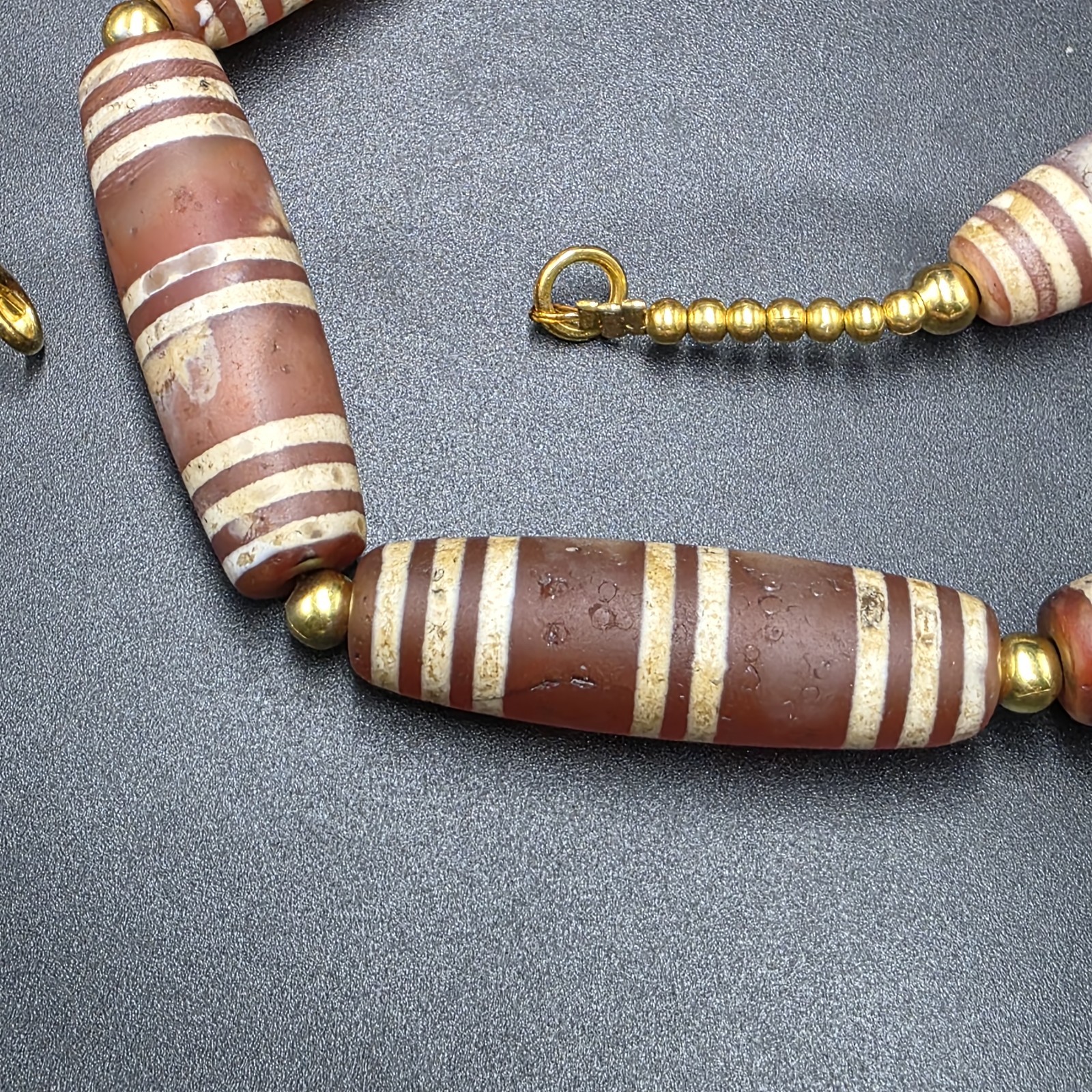 Antique Etched Carnelian Decorated Agate Beads Necklace.