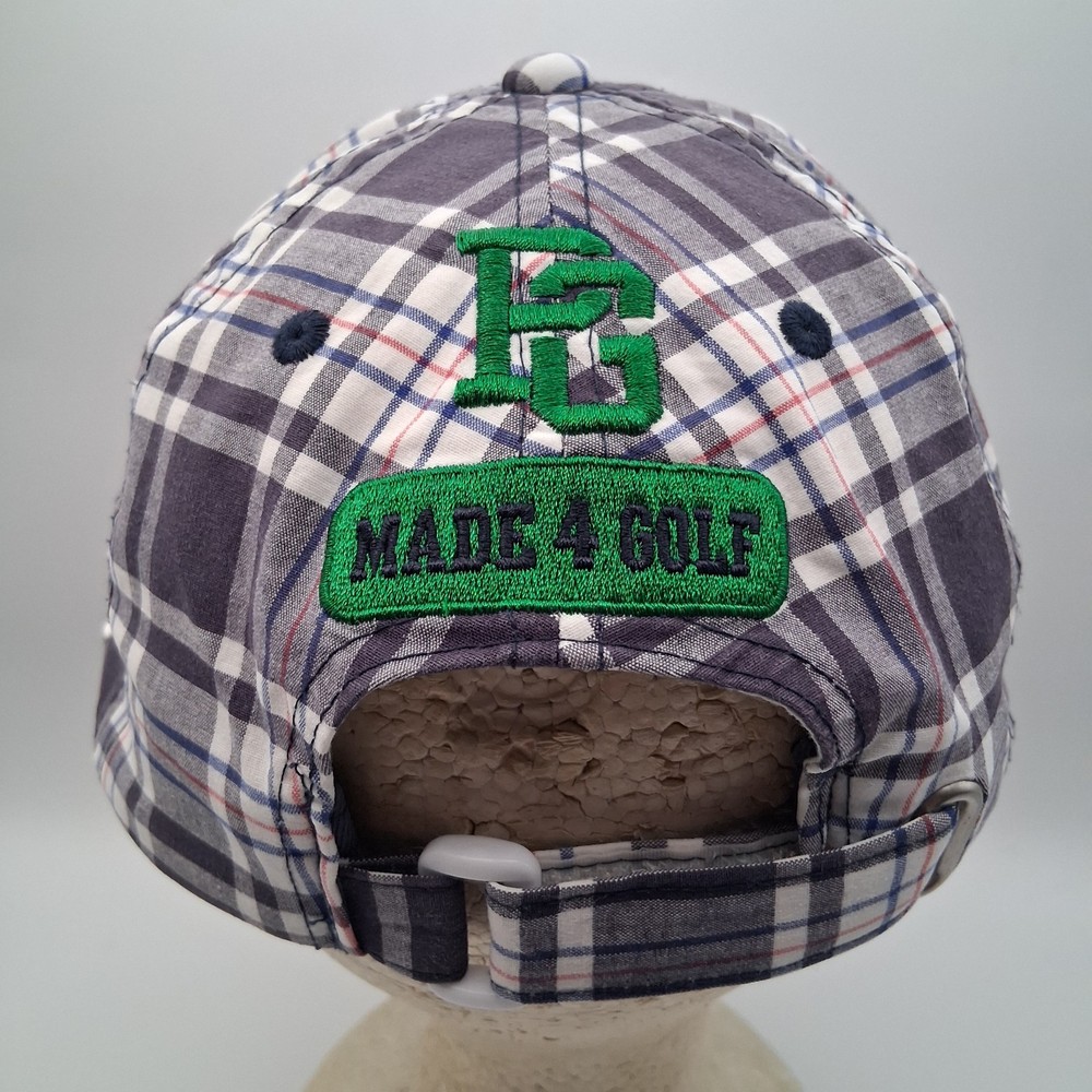 Pearly Gates Golf Hat Cap Strap Back Plaid Gray White Blue Red Script Shield 89