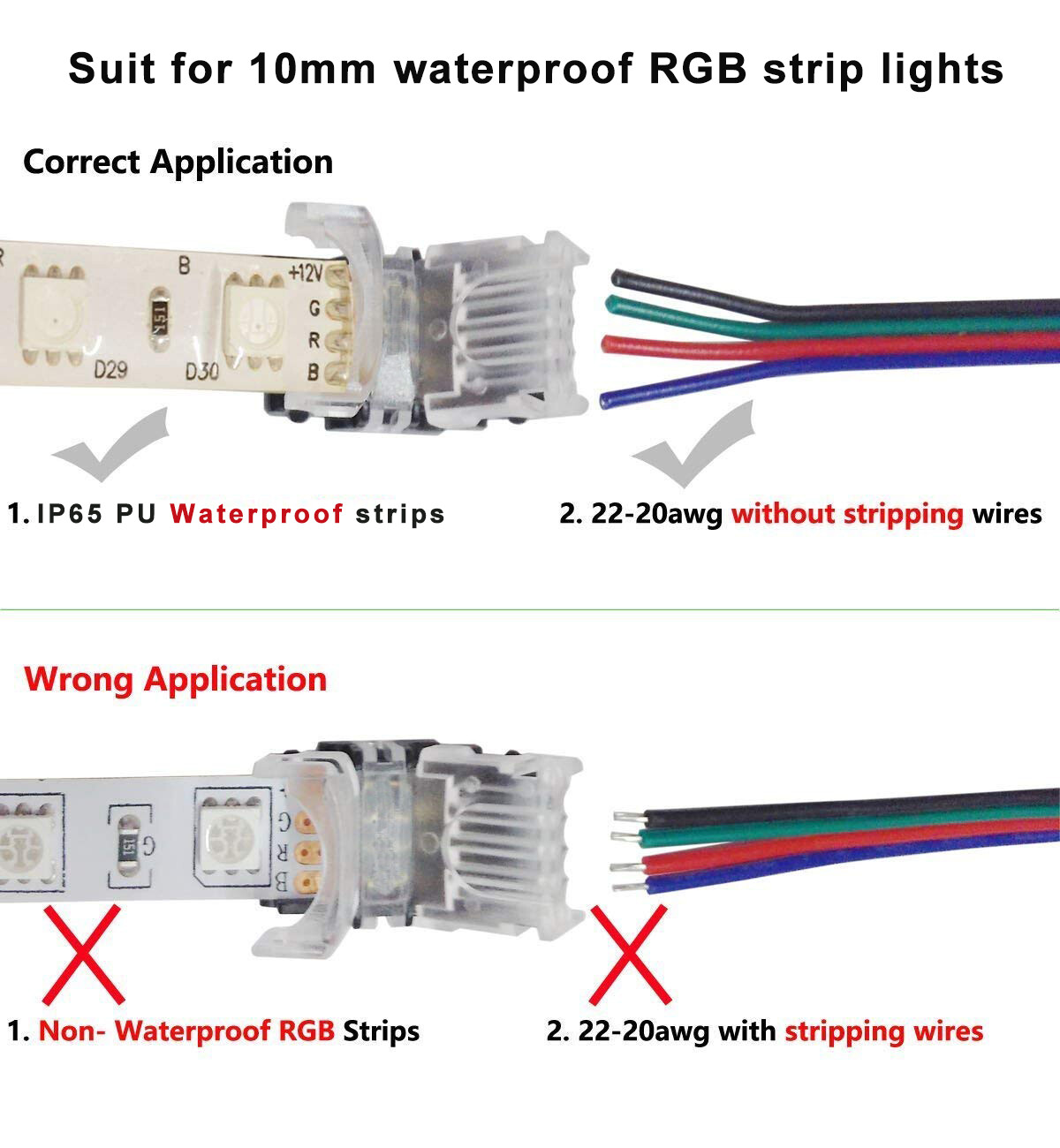 10PCS RGB LED Connector 4 Pin for LED Strip Light with 16ft/5M Extension Cable