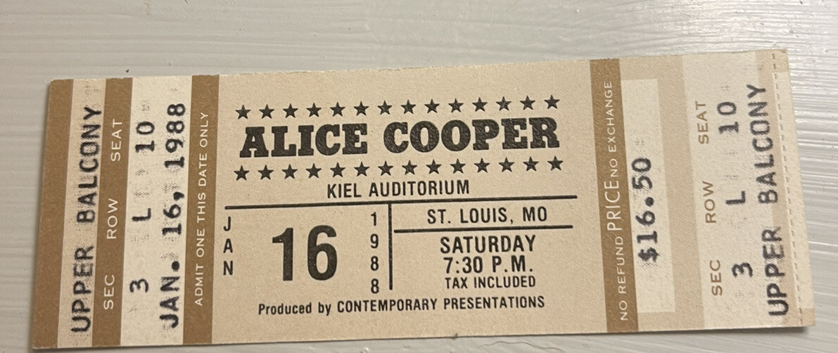 ALICE COOPER RARE UNUSED CONCERT TICKET ST. LOUIS, MO 01/16/1988