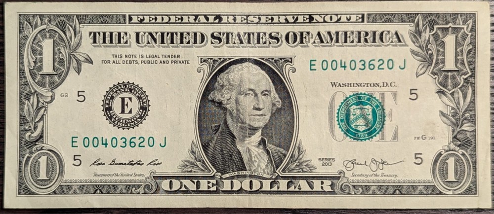 2013 $1 bill fancy serial, zip code & date note 040362 April 03, 1962, Paris, KY