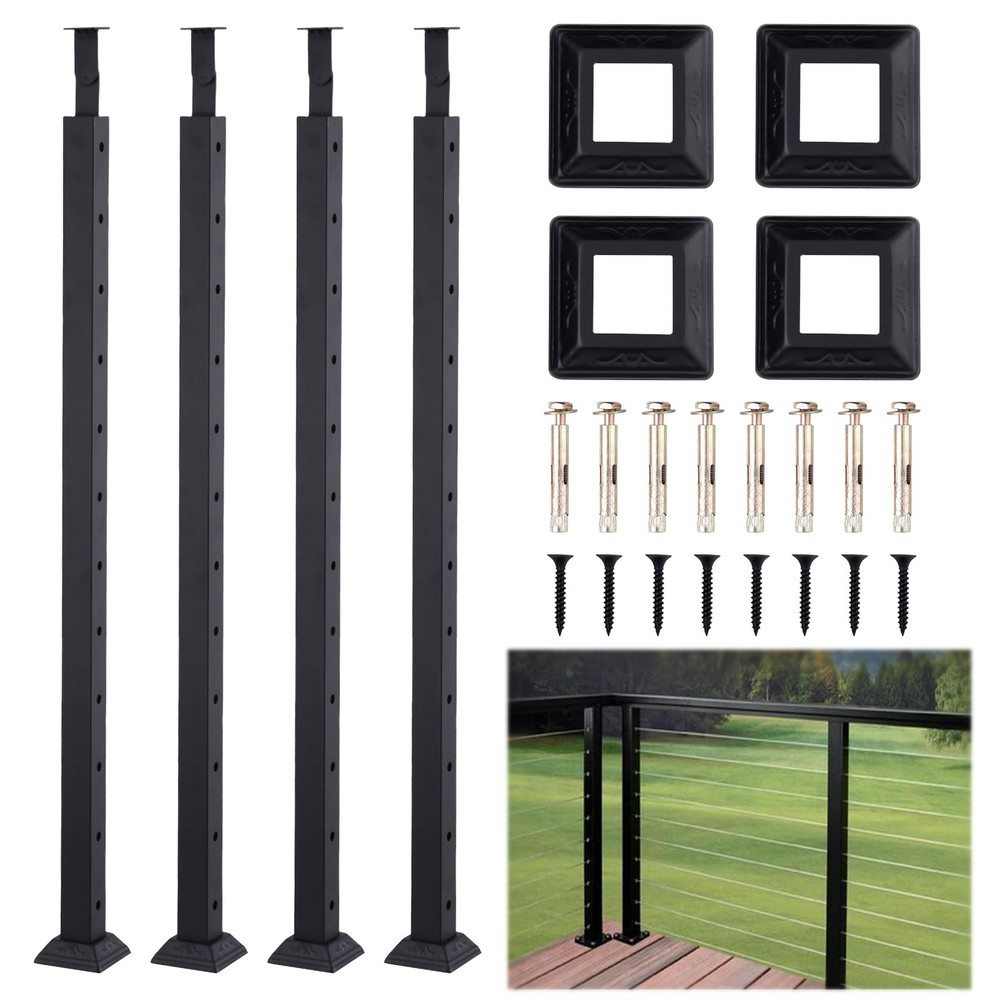 42" Cable Railing Post, Matte Black Stainless Steel Level Drilled Railing Post